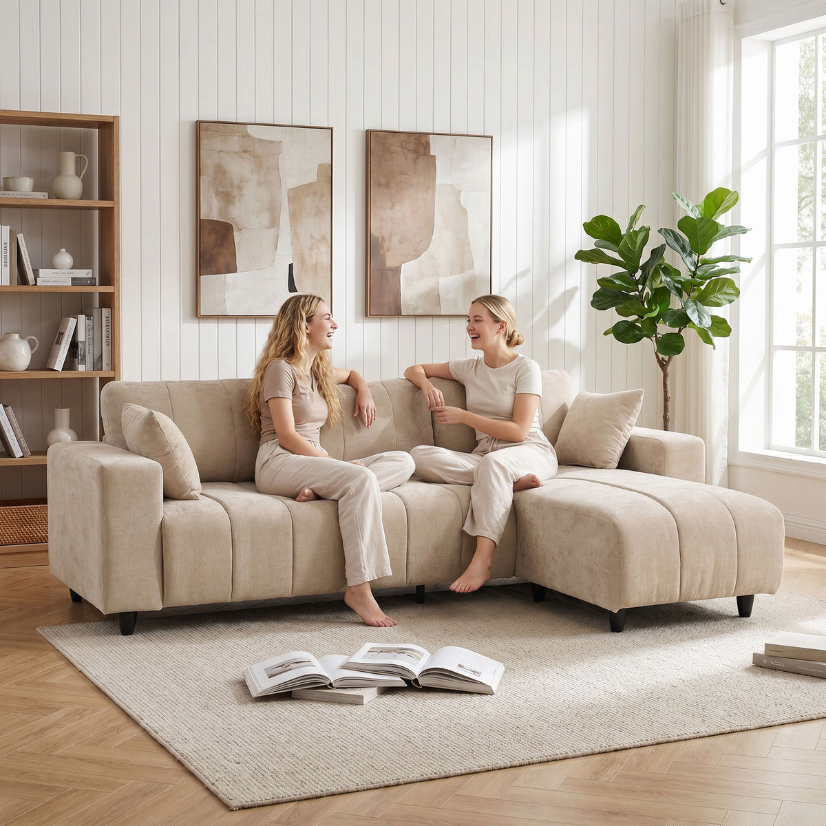 Canapé d'Angle Modulable 242 cm, Canapé 4 Places en L avec Méridienne Réversible, 2 Oreillers, Tissu Aspect Lin, Beige