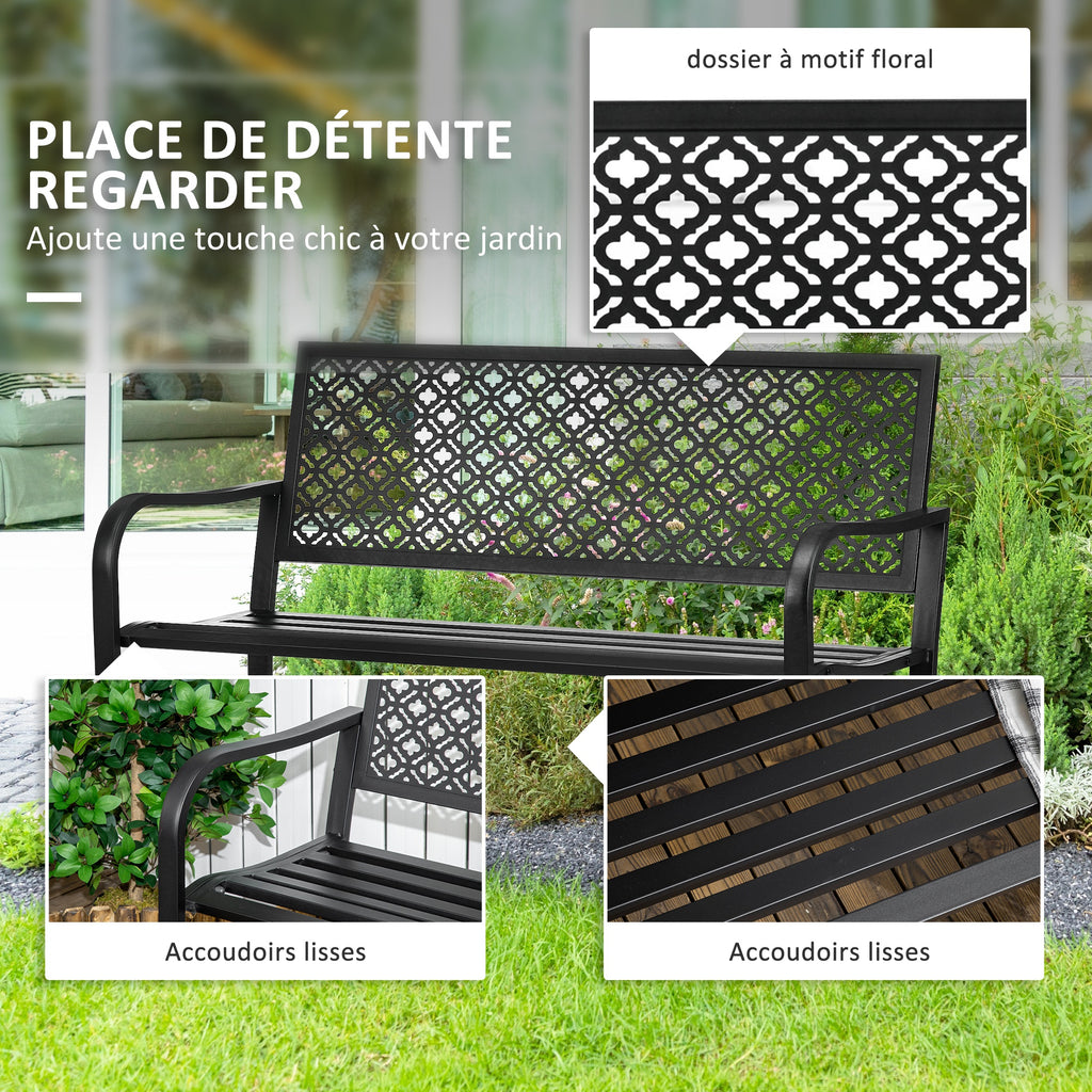 Banc de jardin banc extérieur jardin en acier avec dossier à motif floral pour 2 personnes 127 x 63 x 83 cm noir
