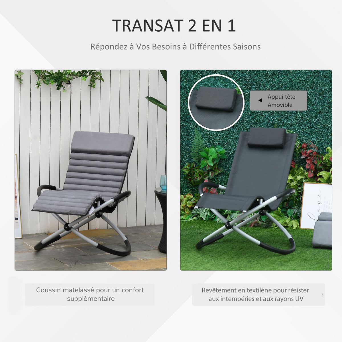 Chaise Longue à Bascule Pliable Rocking Chair avec Matelas revêtement Aspect Daim métal textilène Gris Noir