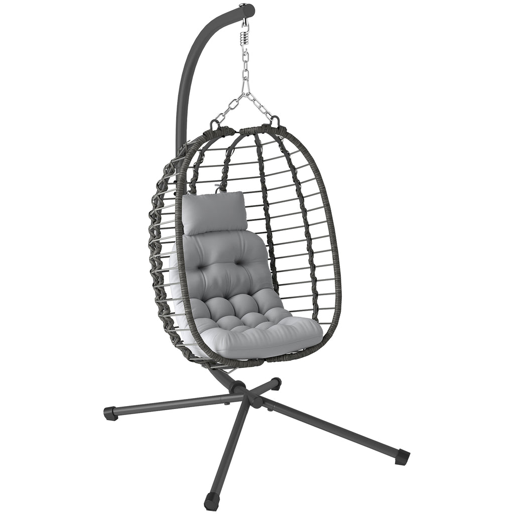 Fauteuil suspendu pliable en résine tressée avec support, coussin et oreiller hauteur réglable, gris
