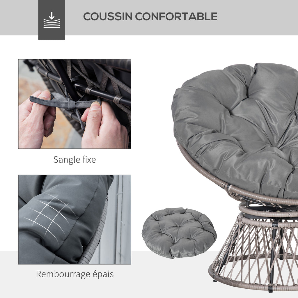 Fauteuil rond de jardin fauteuil papasan pivotant Ø 97 x 86H cm grand coussin fourni polyester résine tressée
