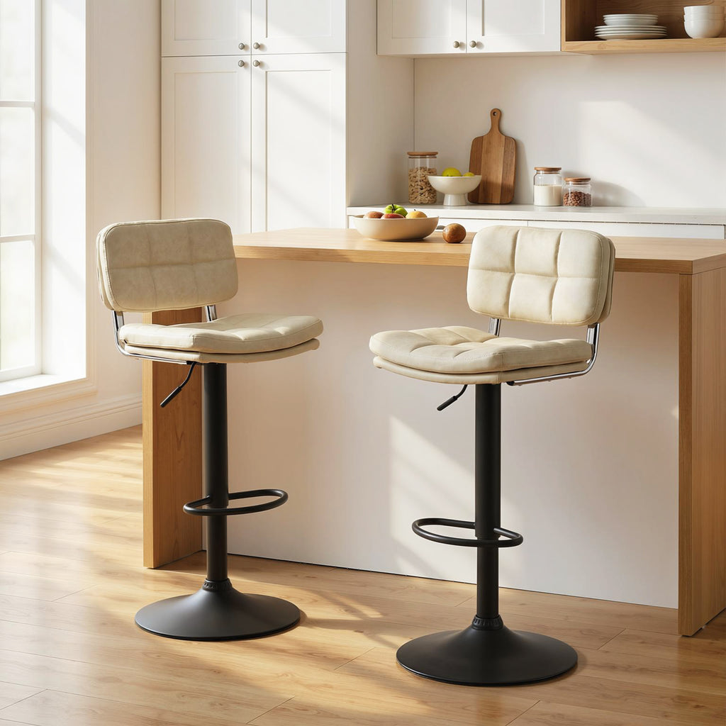 Lot de 2 tabourets de bar Vintage capitonné - pivotant, réglable - repose-pied - revêtement synthétique crème
