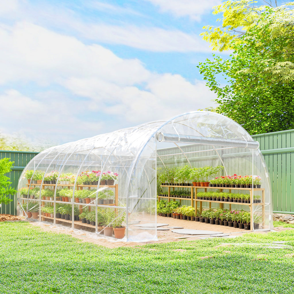 Serre tunnel de jardin 18m² serre de jardin tunnel 296x597x199cm cadre acier galvanisé, bâche PE 150g/m² transparent