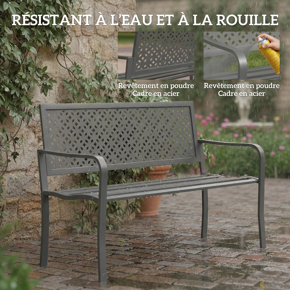 Banc d'extérieur en métal, 2 places, avec dossier géométrique antirouille et accoudoirs, gris foncé