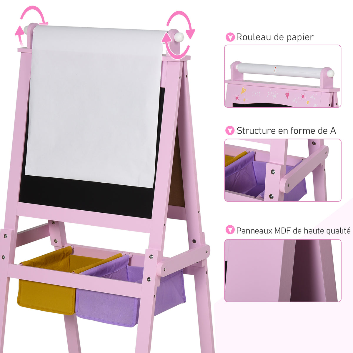 3 en 1 Tableau Enfant - chevalet Enfant - Ardoise Double Face - Tableau Blanc Tableau à Craie - Rouleau Papier avec accessoires + paniers Rangement intégrés - MDF Rose