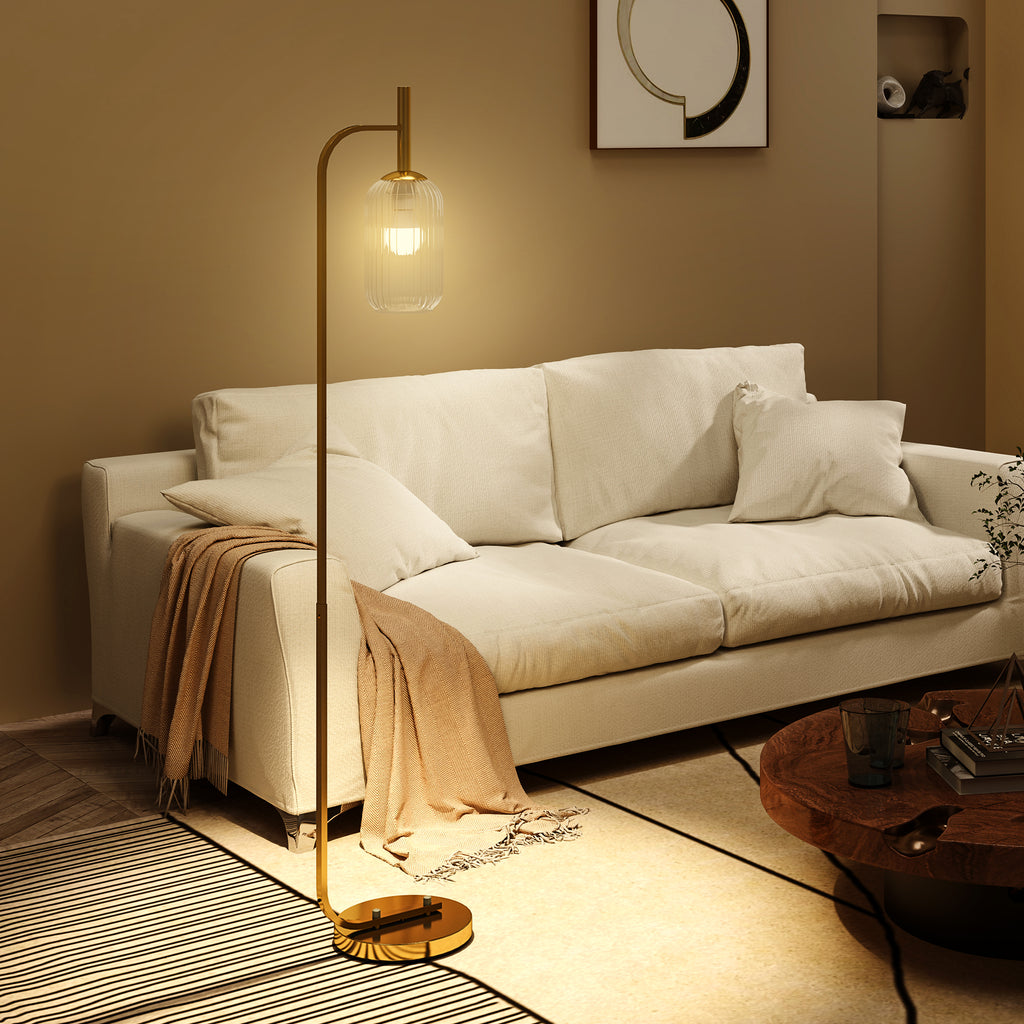 Lampadaire sur pied salon lampe sur pied avec abat-jour en verre texturé interrupteur à pied 29 x 25 x 152 cm métal or