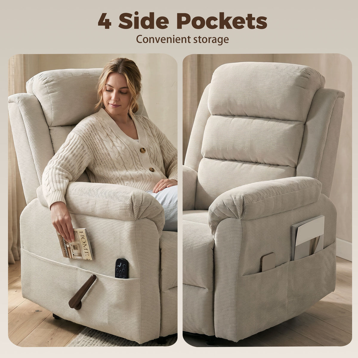 Fauteuil Inclinable de Massage et Chauffage, Fauteuil de Relaxation, Appuie-tête Réglable Poches Latérales, Crème