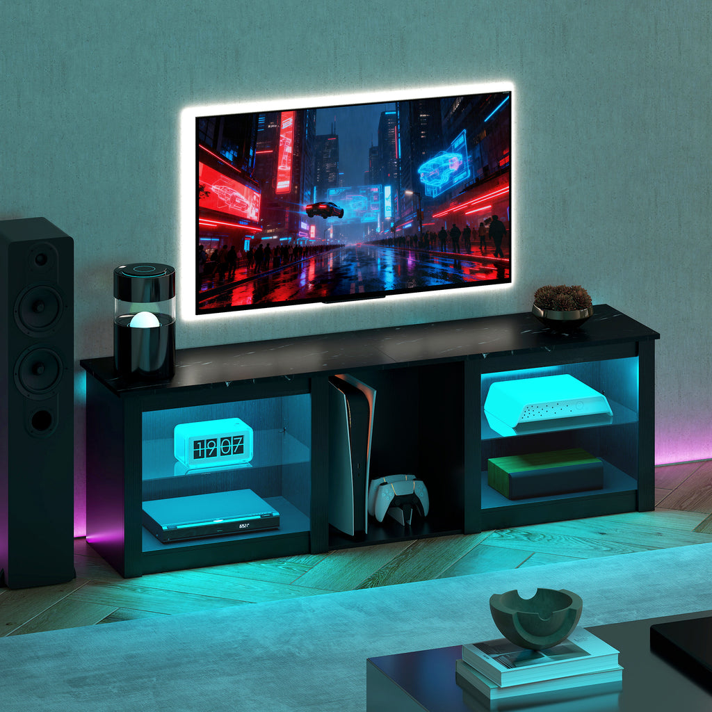 Meuble TV avec éclairage LED pour télévision jusqu'à 70 pouces, 160cm avec étagères en verre réglables, noir