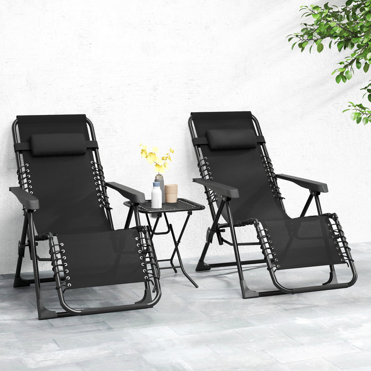 Lot de 2 chaise longue pliable et inclinable avec table d'appoint, porte-gobelets et appuie-têtes, charge 120 kg, noir
