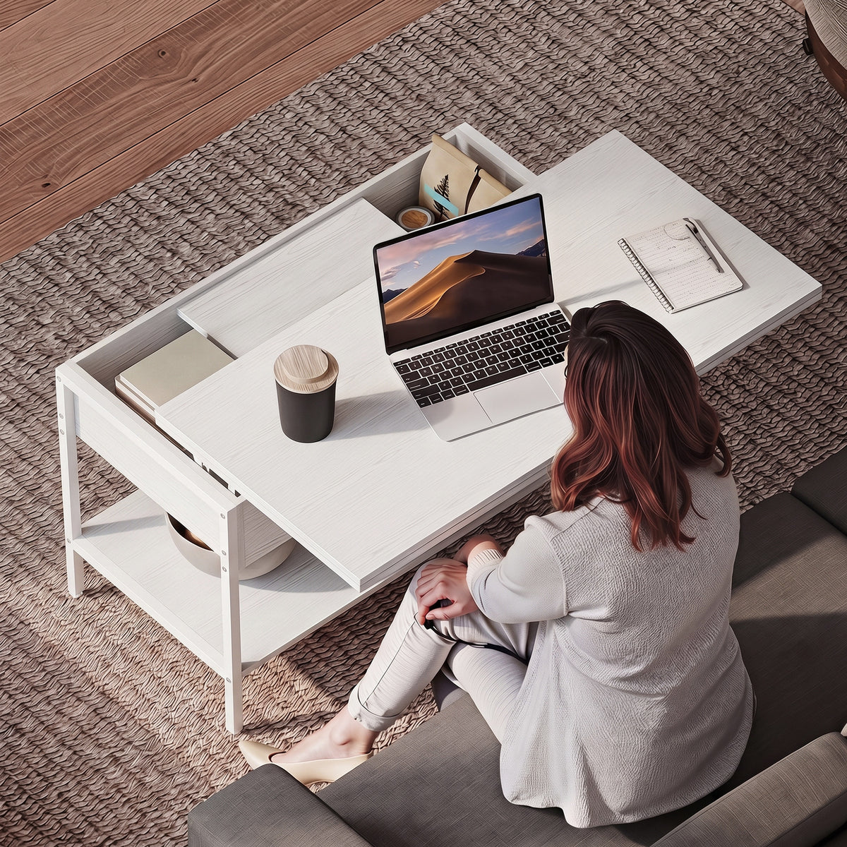 Table basse relevable et extensible, table de salon avec compartiment caché étagères ouvertes, 98x49x55cm, blanc