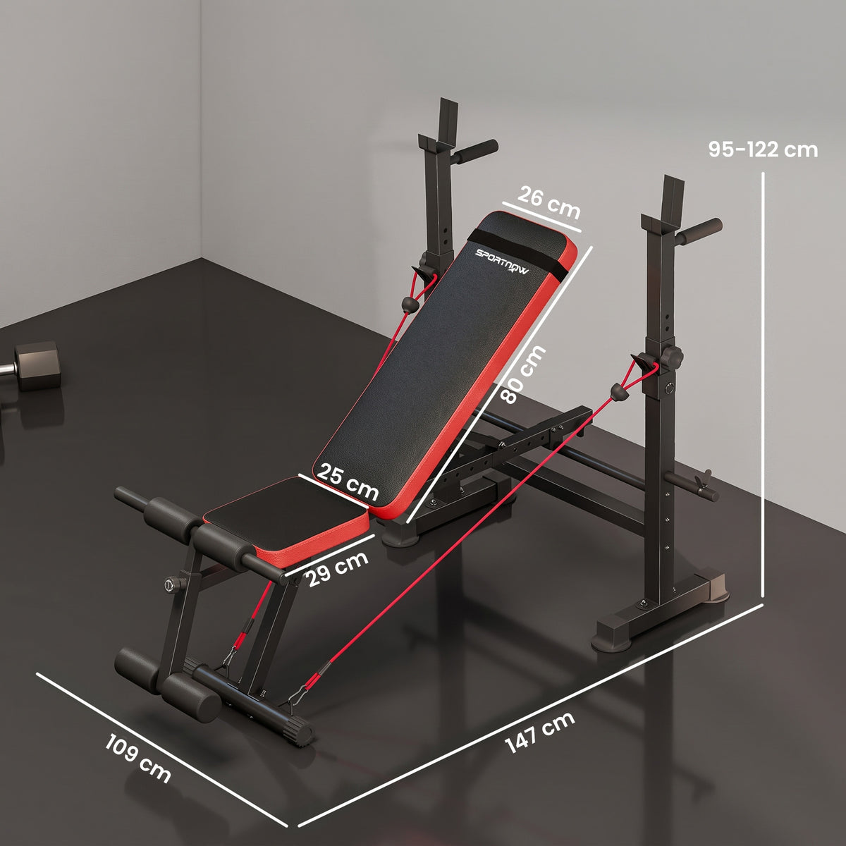 Banc de musculation complet multifonction avec dossier réglable, repose-jambes et support de poids 147x109x122cm noir