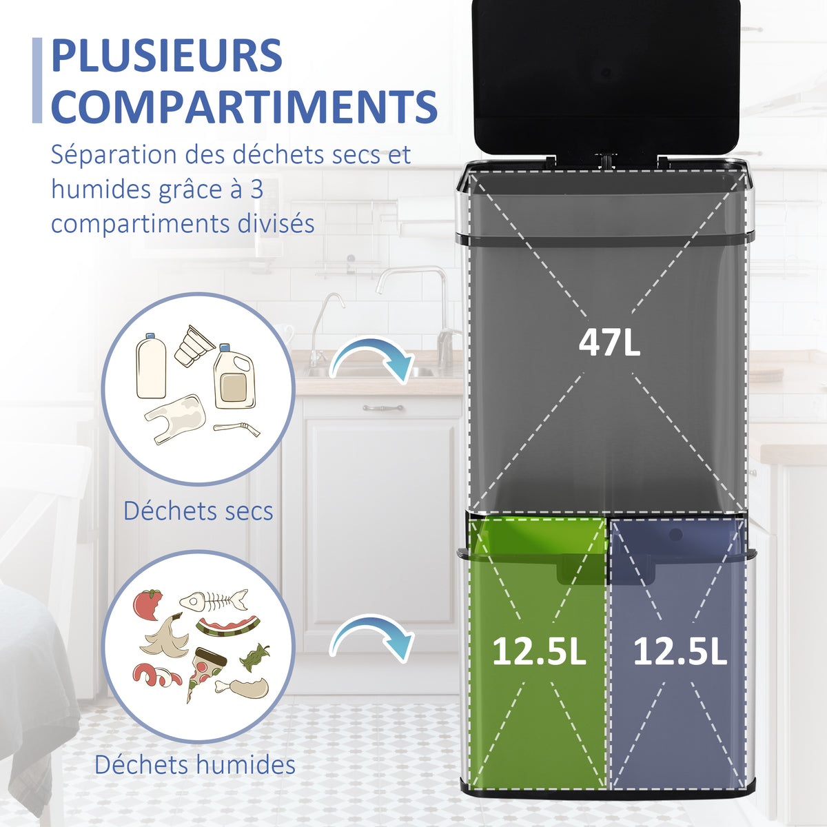 Poubelle à capteur de mouvement ouverture automatique 3 compartiments capacité 72L design 42 x 30 x 81 cm