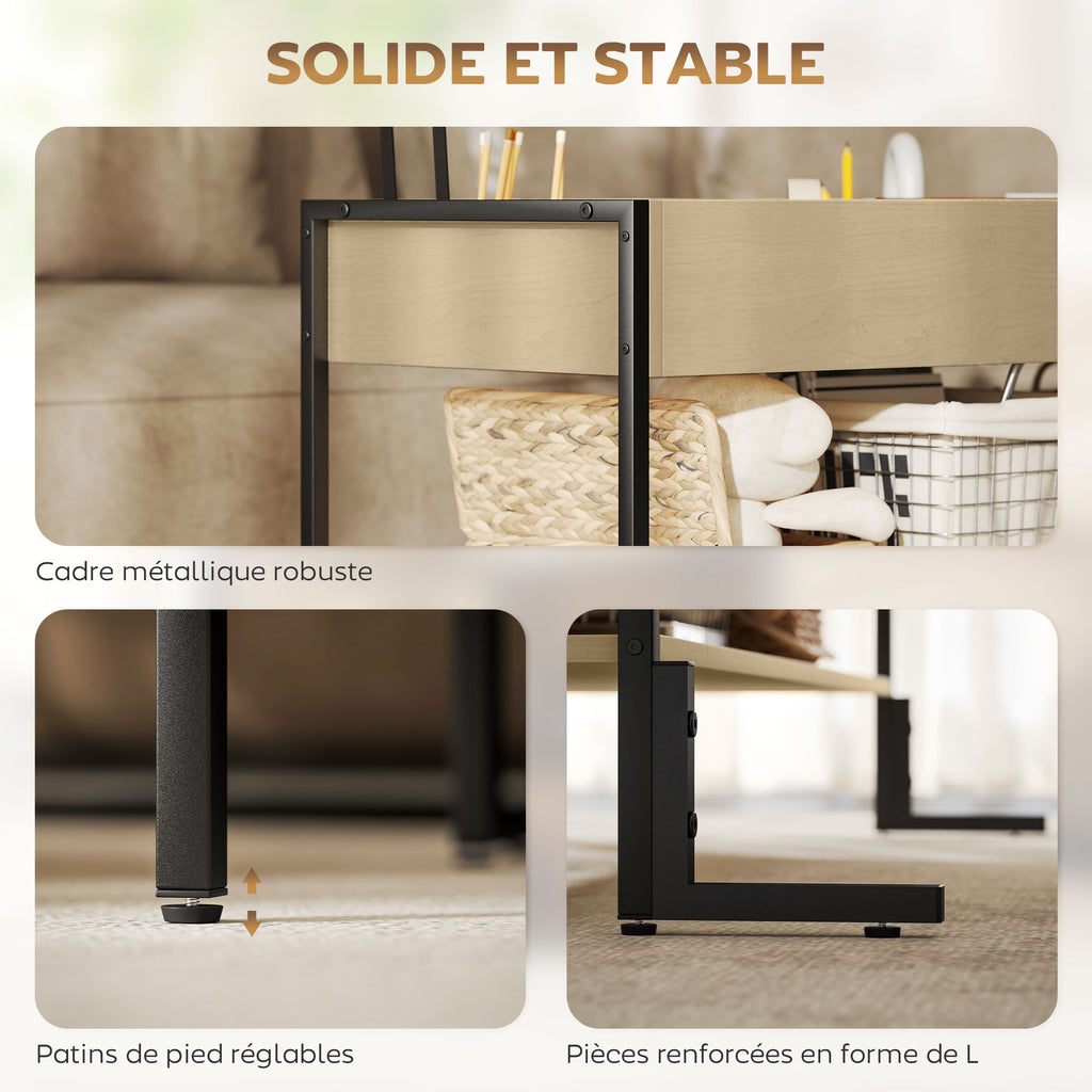 Table basse avec plateau relevable, table de salon avec compartiment caché et étagère ouverte, 95x40x59cm, bois naturel