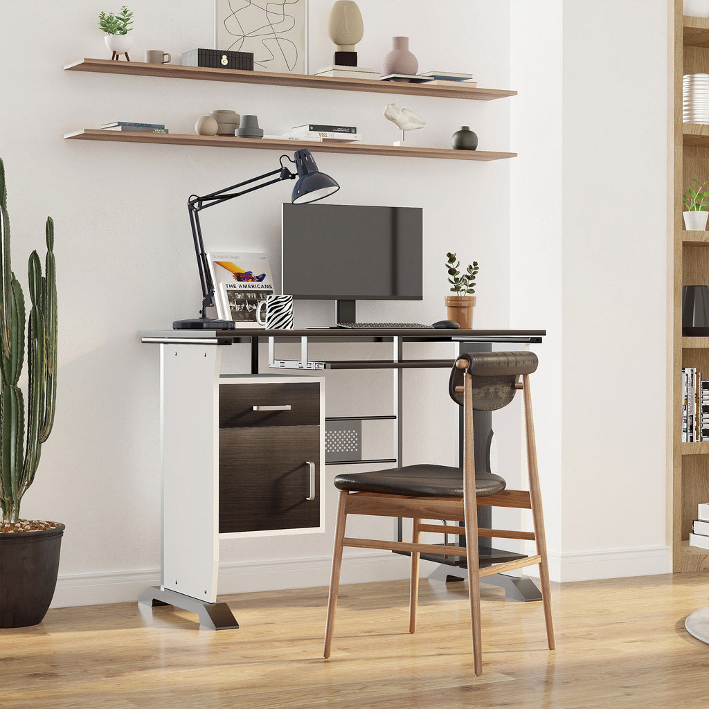 Bureau d'ordinateur, 100 x 52 x 75 cm, bureau avec tablette coulissante pour clavier, tiroirs et support d'unité centrale, table informatique pour étudier noyer foncé et blanc