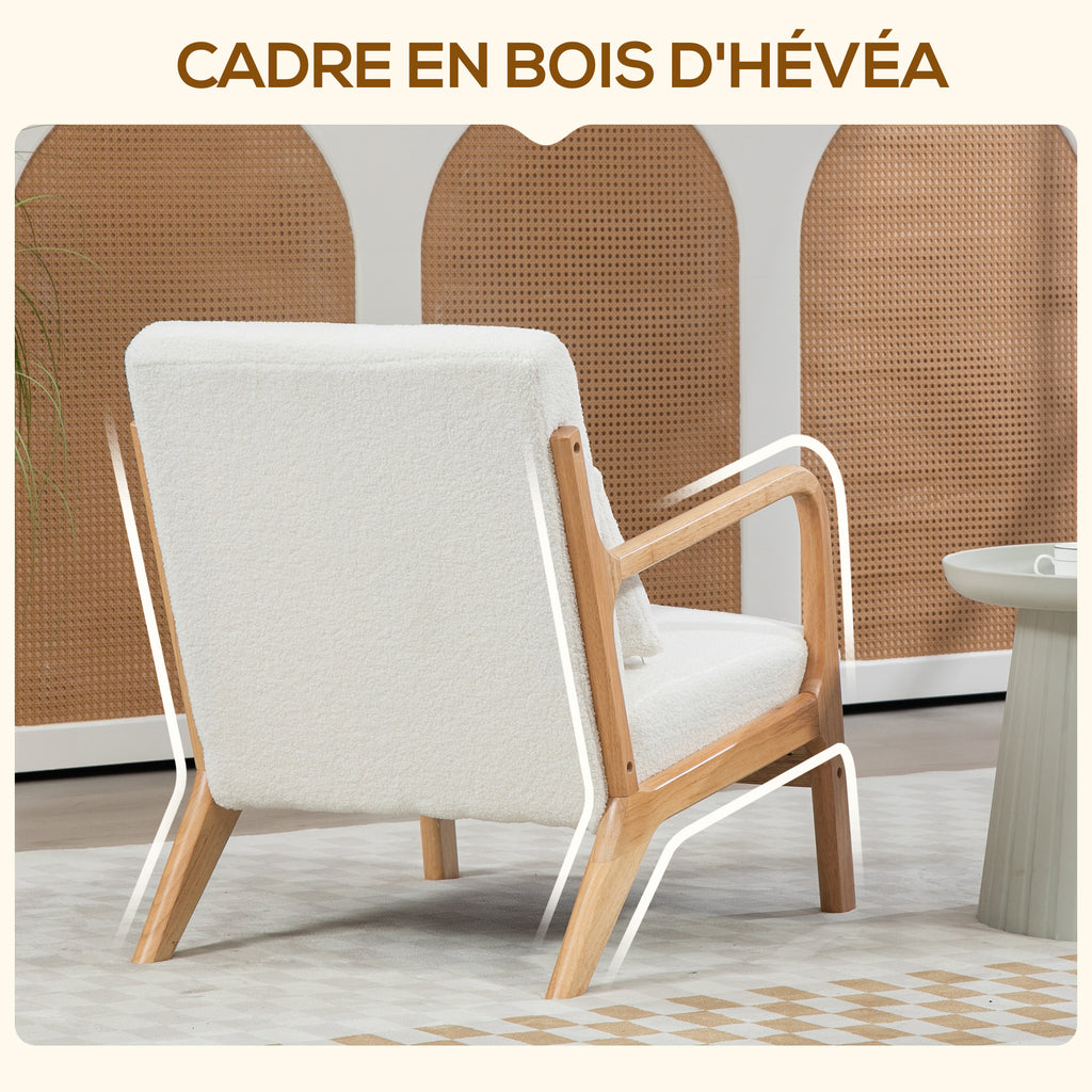 Fauteuil lounge - 3 coussins inclus - assise profonde - accoudoirs - structure bois hévéa - aspect velours crème
