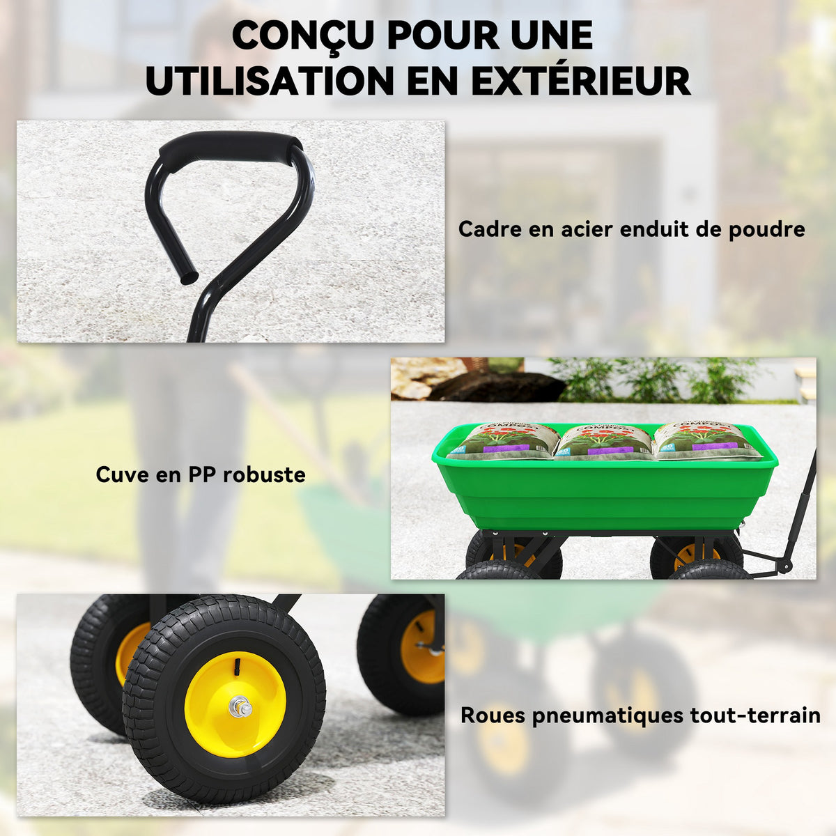 Chariot de Jardin à Main Benne basculante 75° 75L Charge Max. 200 Kg 4 Roues pneumatiques Acier PP Jaune Vert