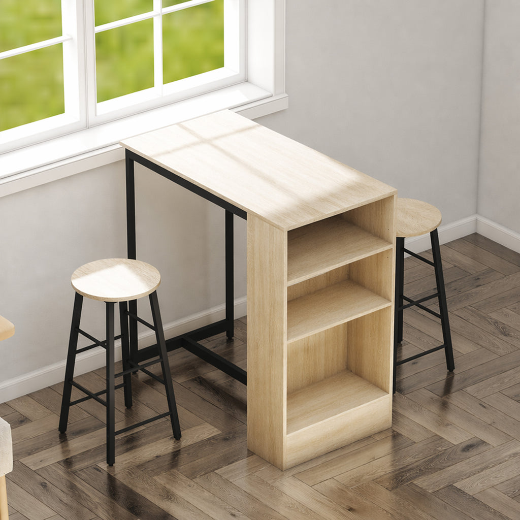 Ensemble table de bar avec tabourets, compartiments ouverts, étagère réglable et repose-pieds, chêne et noir