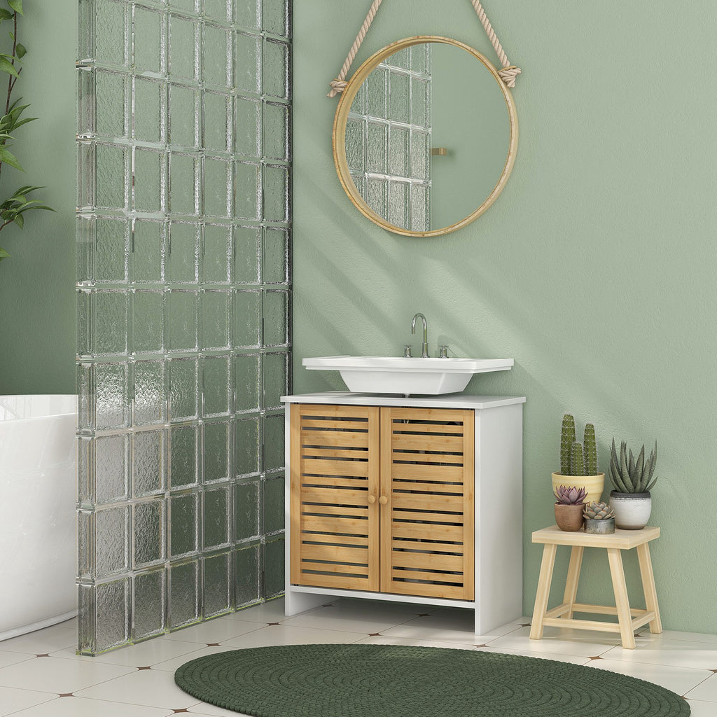 Meuble sous vasque de salle de bain 2 portes étagère réglable armoire de rangement pour lavabo 60x30x60 cm bambou blanc