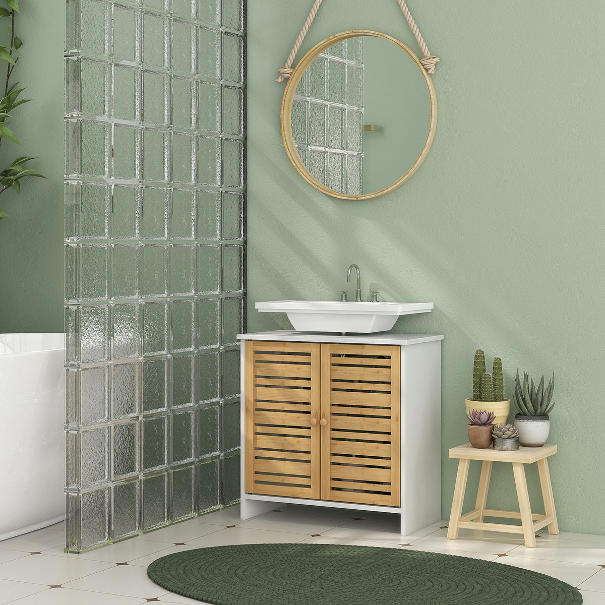 Meuble sous vasque de salle de bain 2 portes étagère réglable armoire de rangement pour lavabo 60x30x60 cm bambou blanc