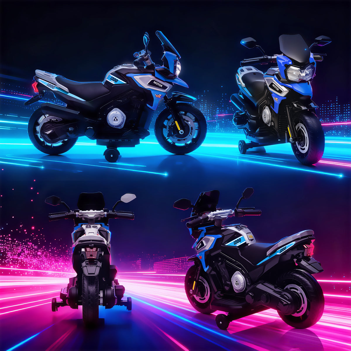 Moto électrique enfants 6 V, voiture électrique enfants avec roues d'entraînement, musique, effets lumineux, bleu