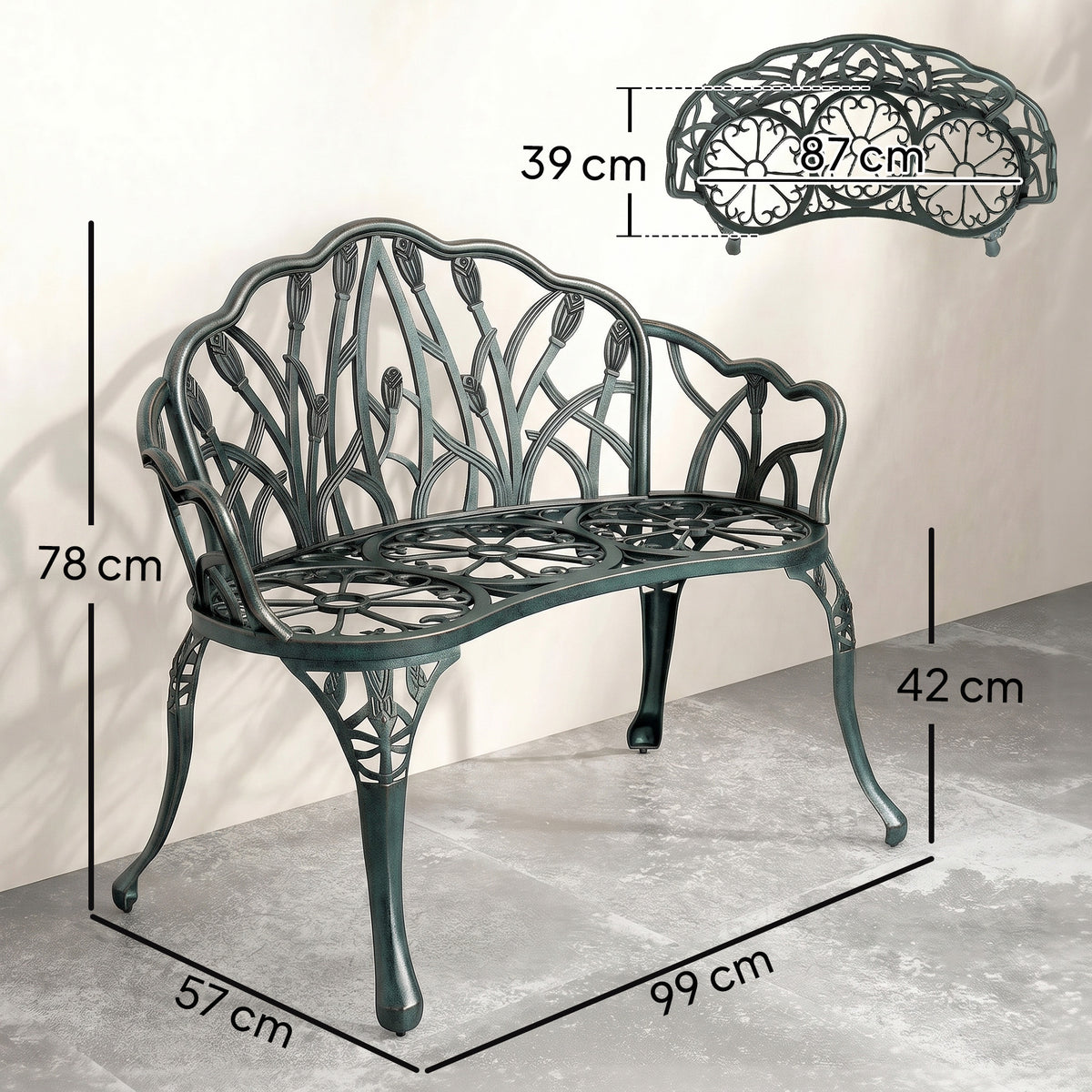 Banc de jardin en aluminium moulé, banc extérieur 2 places avec dossier tulipe, assise florale, 99x57x78cm, vert antique