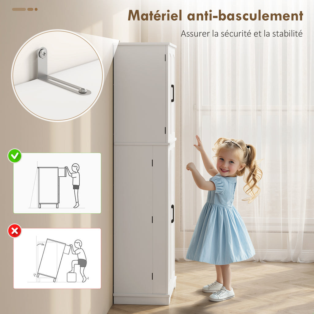 Buffet haut cuisine, armoire de cuisine, 4 portes, 10 niches, 8 porte-épices et étagères réglables, 60x35x162cm, blanc