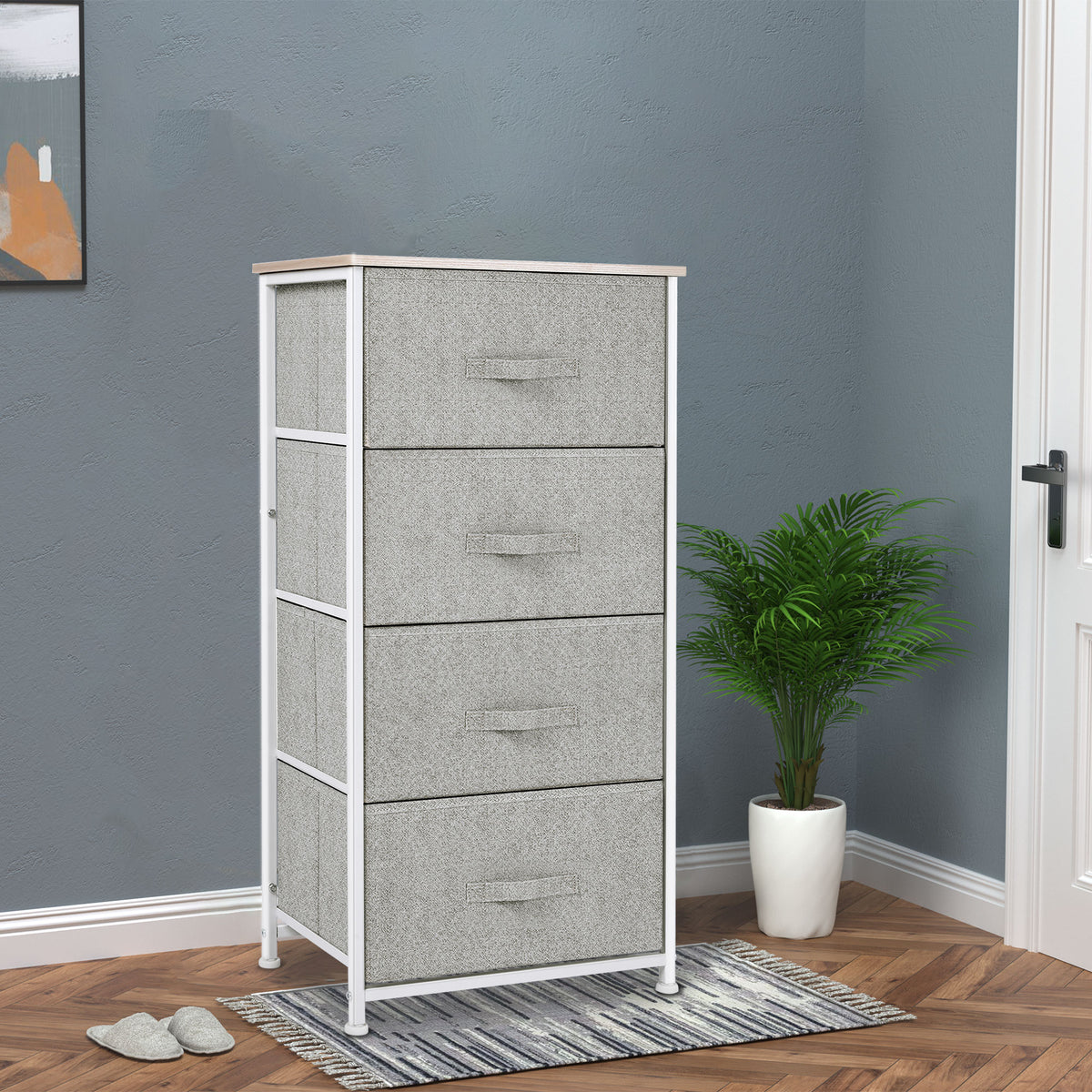 Commode en Tissu Meuble de Rangement 4 tiroirs chiffonnier dim. 45L x 30l x 92H cm Cadre en métal et non-tissé, blanc