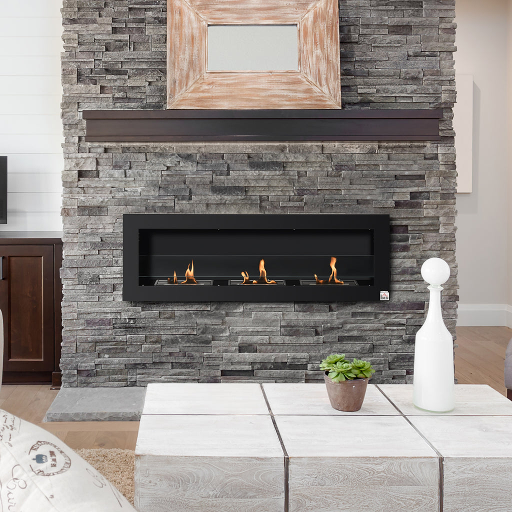 Cheminée bioéthanol Murale encastrable 3 brûleurs 3 L au total, environ 3 h de durée de combustion, dims. 120L x 15l x 40H cm, acier inox noir