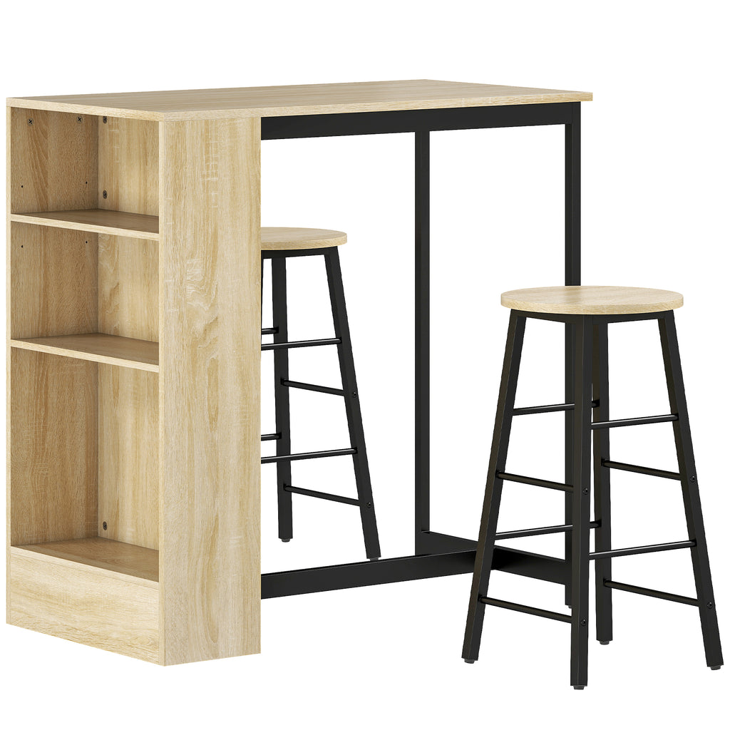 Ensemble table de bar avec tabourets, compartiments ouverts, étagère réglable et repose-pieds, chêne et noir