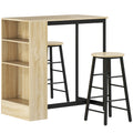 Ensemble table de bar avec tabourets, compartiments ouverts, étagère réglable et repose-pieds, chêne et noir