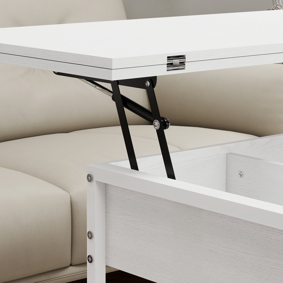 Table basse relevable et extensible, table de salon avec compartiment caché étagères ouvertes, 98x49x55cm, blanc