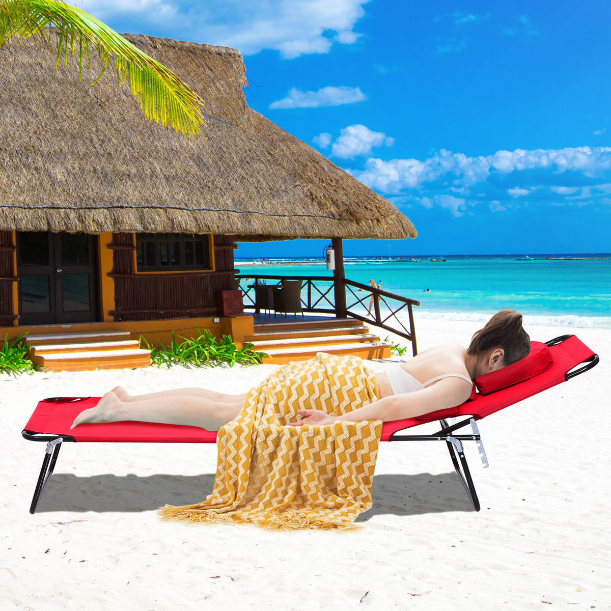 Bain de Soleil Pliable transat inclinable 4 Positions Chaise Longue 3 Coussins fournis Rouge