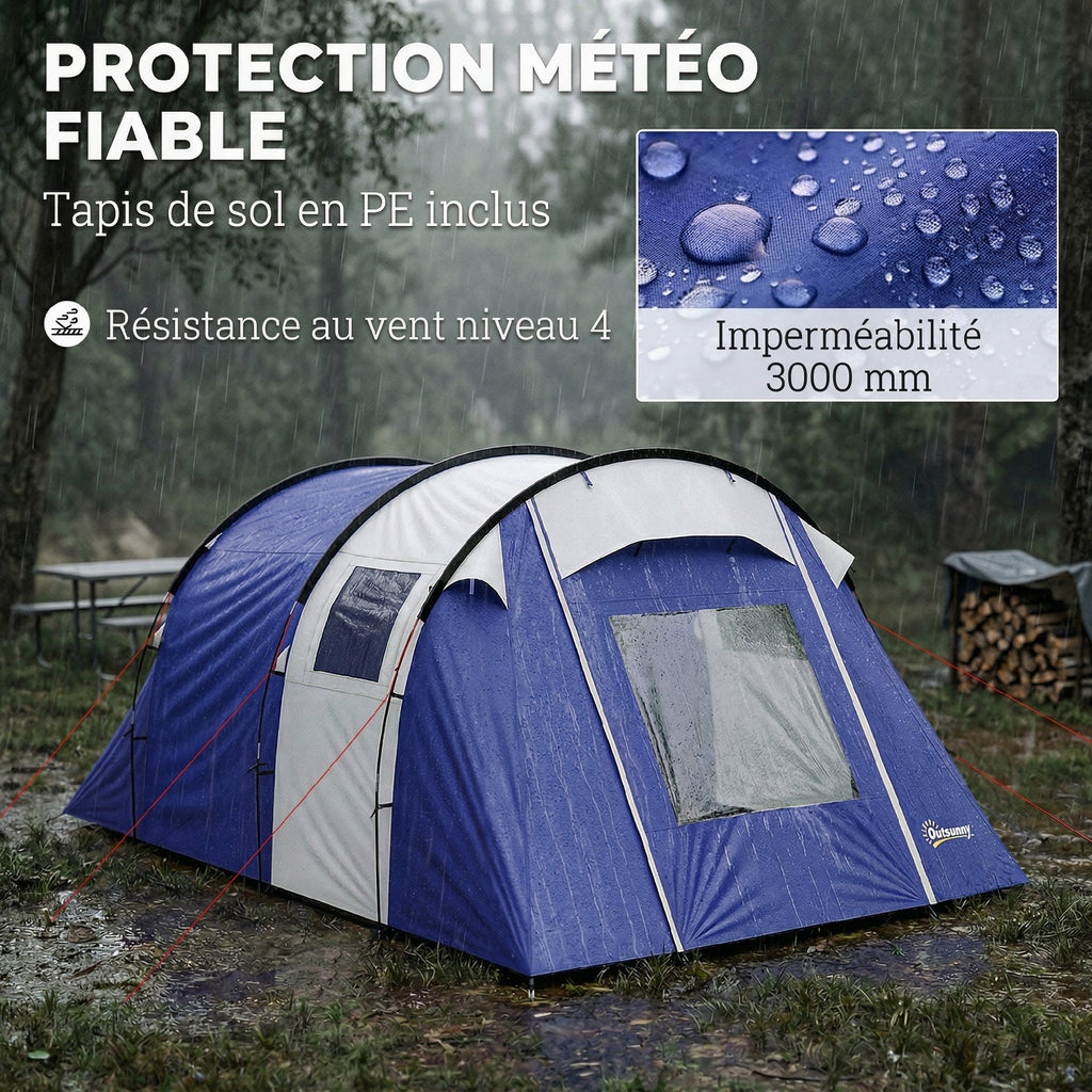 Tente de Camping pour 4 Personnes, 2 Chambres, Imperméable 3000mm, avec Tapis de Sol et Sac, 420x300x200cm, Bleu Foncé
