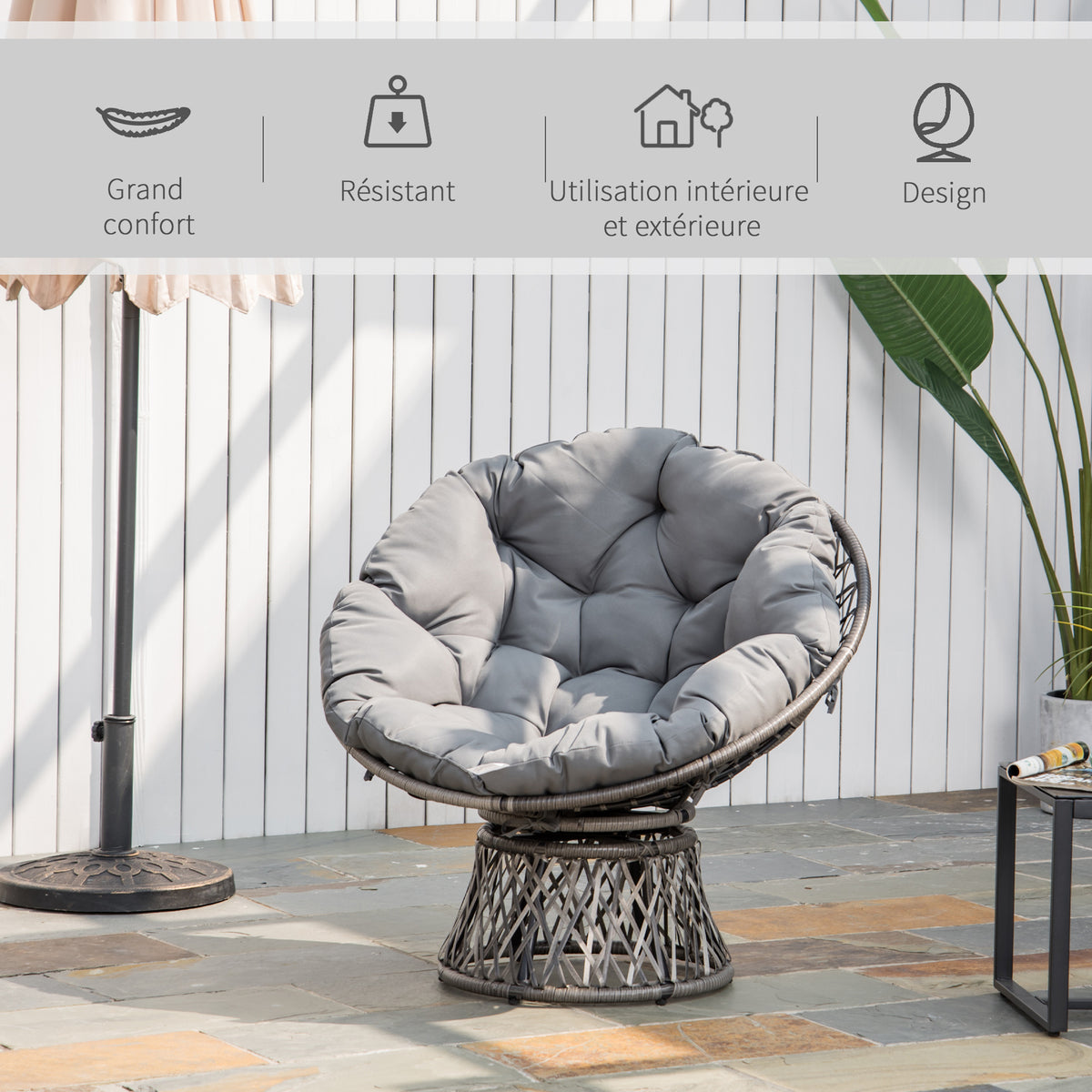 Fauteuil rond de jardin fauteuil papasan pivotant Ø 97 x 86H cm grand coussin fourni polyester résine tressée