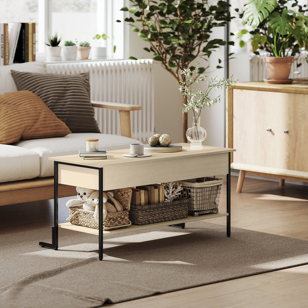 Table basse avec plateau relevable, table de salon avec compartiment caché et étagère ouverte, 95x40x59cm, bois naturel