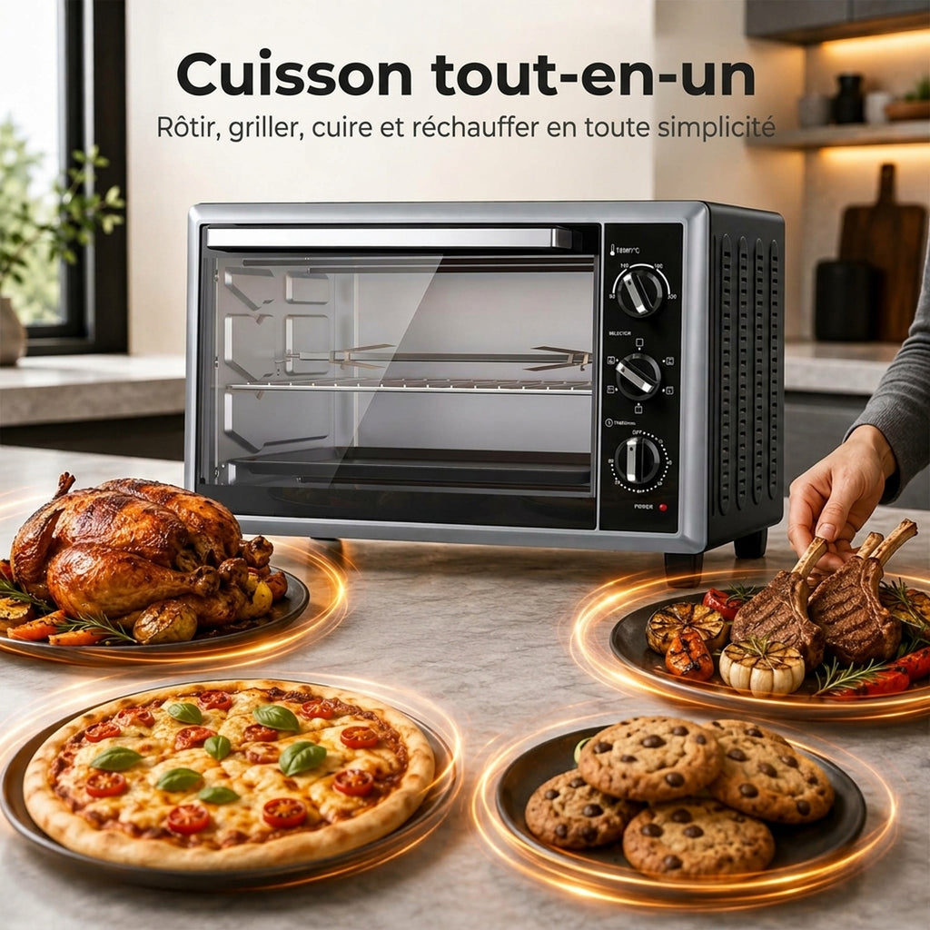 Mini-Four Électrique avec Broche Rotative 46L 1800W, Four à Convection Multifonction, Chaleur Tournante, Minuterie, Noir