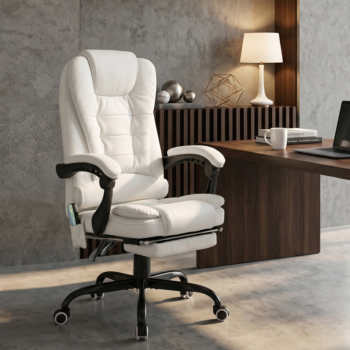 Fauteuil de Bureau Massant 7 Points, Chaise de Bureau Ergonomique avec Repose-pieds Rétractable, Dossier Inclinable 155°, Hauteur Réglable, Pivotant à 360°, télécommande Filaire, Blanc