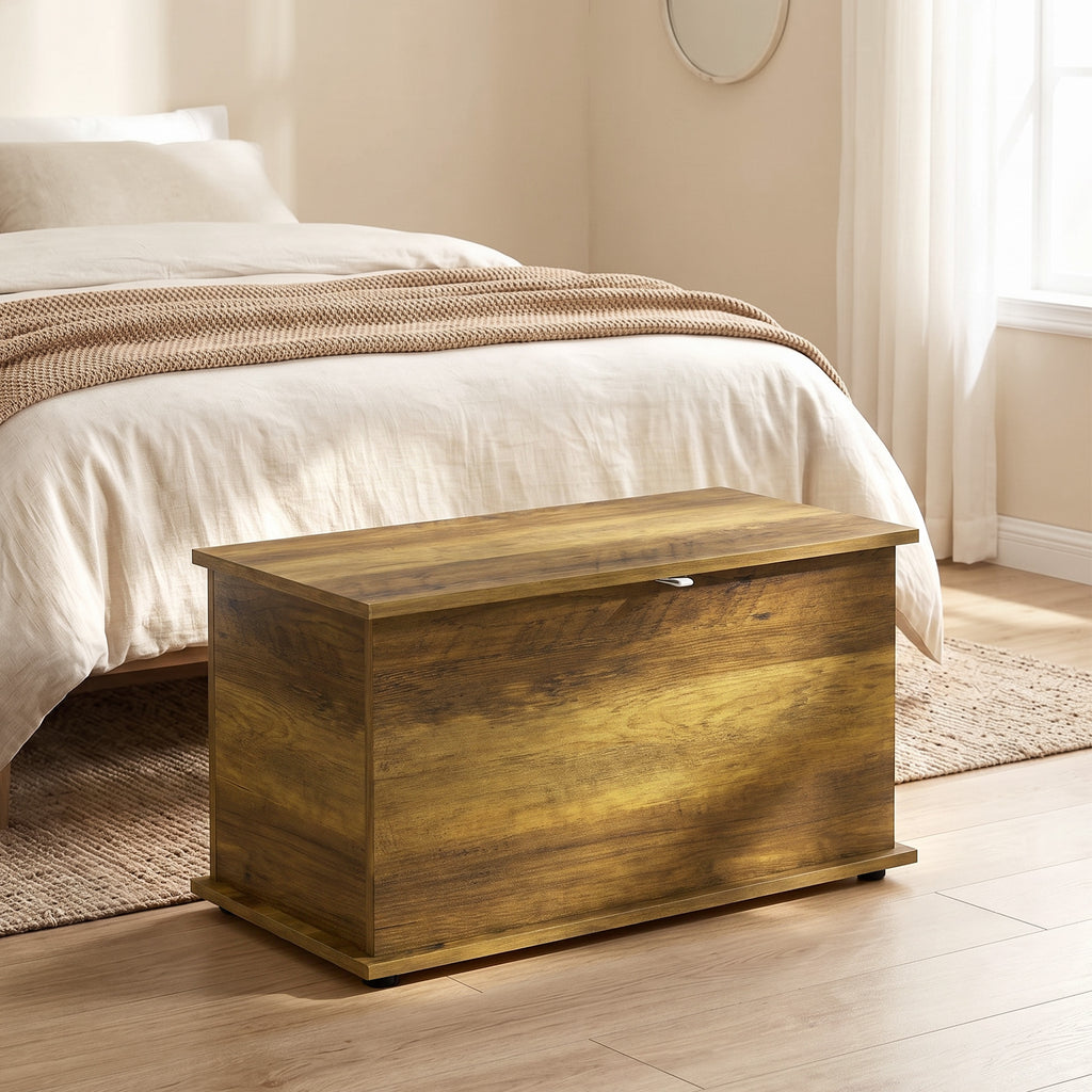Coffre de Rangement, Banc de Rangement avec Couvercle Rabattable et Charnières de Sécurité, 80 x 40 x 45 cm, Marron