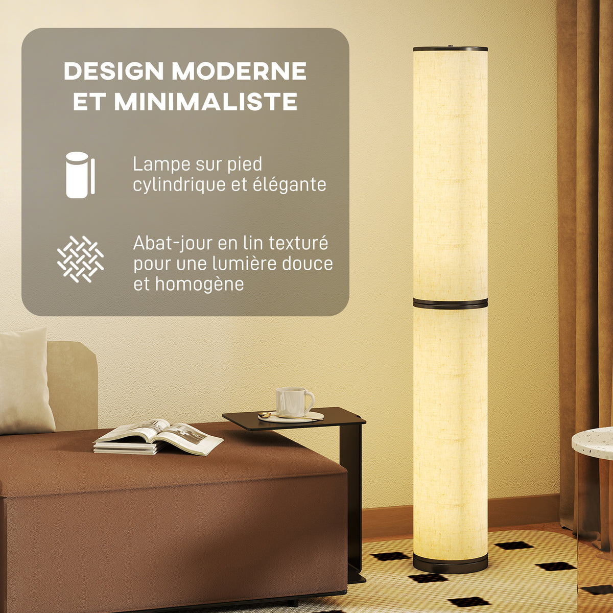 Lampadaire LED, lampadaire sur pied salon à intensité variable, télécommande magnétique, Ø 20 x 135 cm, beige