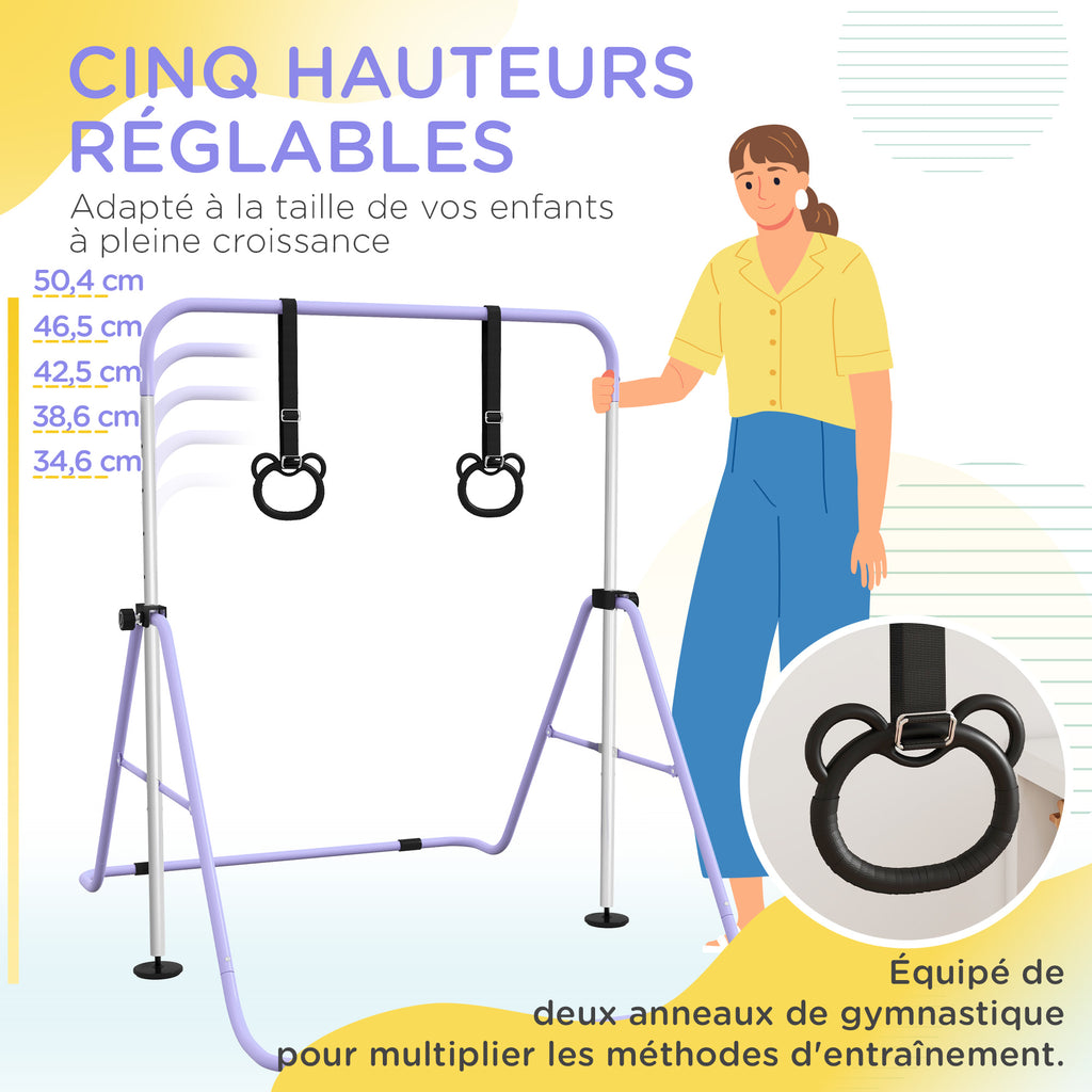 Barre de gymnastique pour enfants, barre horizontale pliable à hauteur réglable avec anneaux de gymnastique, violet
