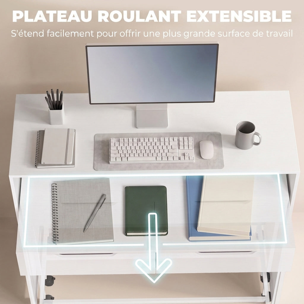 Bureau d'Ordinateur Extensible 100 cm avec 2 Tiroirs, Bureau avec Rangement, Style Moderne, Blanc
