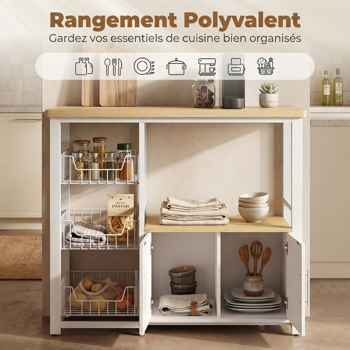 Étagère de rangement de cuisine avec paniers coulissants et placard, support micro-ondes, 100 x 35 x 80 cm, blanc