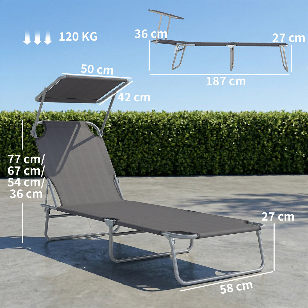 Transat Bain de Soleil Pliable Chaise Longue Pliante Grand Confort Dossier Inclinable Multi-positions et Pare-Soleil réglable Dim. 187L x 58l x 36H cm Gris