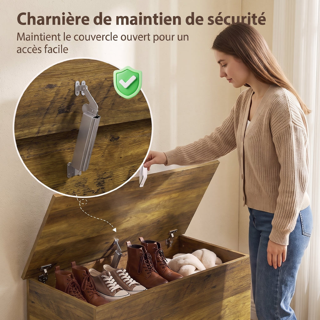 Coffre de Rangement, Banc de Rangement avec Couvercle Rabattable et Charnières de Sécurité, 80 x 40 x 45 cm, Marron