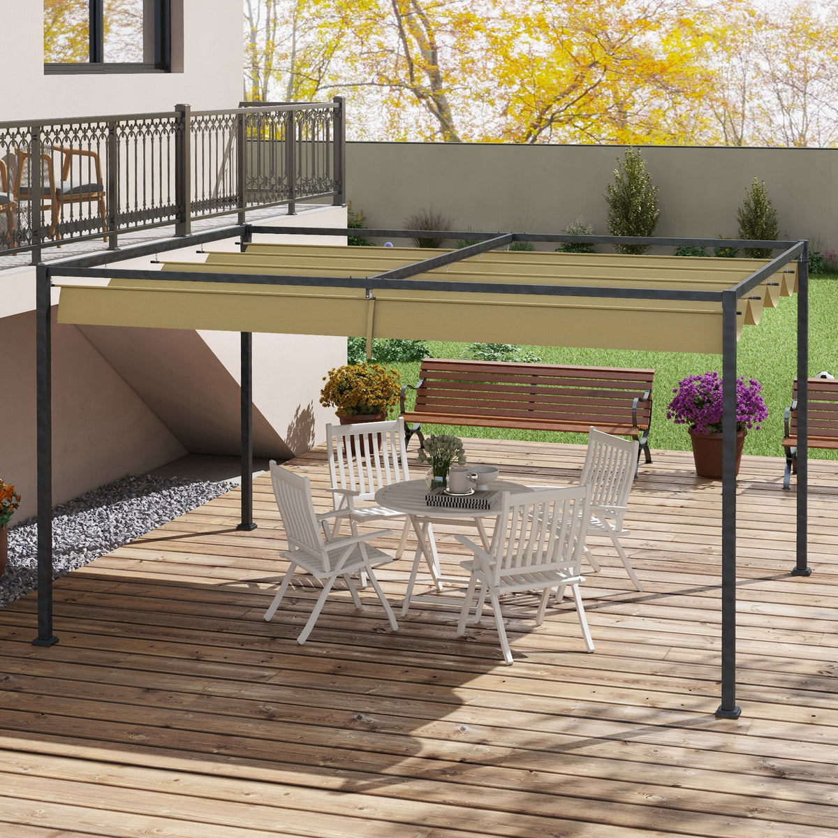Pergola coulissante Pergola rétractable 3 x 2 m structure métal époxy anticorrosion toile polyester 180 g/m² kaki