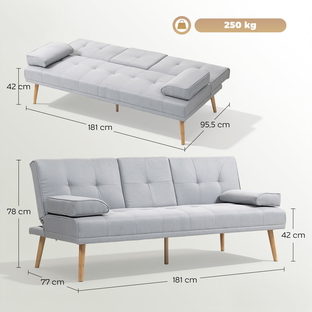 Canapé convertible 3 places, canapé-lit rembourré avec dossier réglable 3 niveaux, 2 coussins et 2 porte-gobelets intégrés, tissu de lin, pour salon, chambre d'amis, petit espace, gris clair