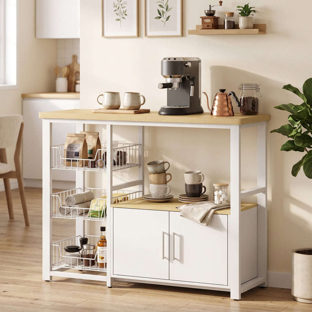 Étagère de rangement de cuisine avec paniers coulissants et placard, support micro-ondes, 100 x 35 x 80 cm, blanc
