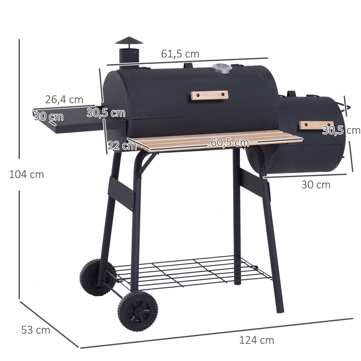 Barbecue à Charbon fumoir BBQ Grill Smoker sur Pied avec Couvercle, roulettes, thermomètre, étagères Noir