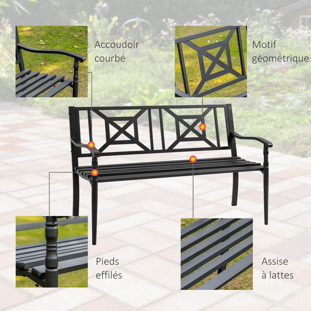 Banc de jardin 2 places banquette extérieur terrasse patio dossier haut assise à lattes accoudoirs