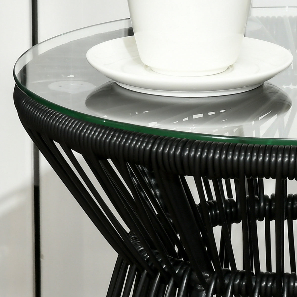 Table de jardin ronde en résine tressée imitation rotin table de bistrot métal plateau verre trempé Ø 40 x 42 cm noir